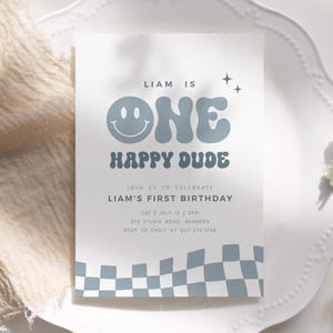 ONE Happy Dude First Birthday Invitation, Minimalist Smile Face  Invite, Boy Birthday, Instant Download, Editable/Printable template, #H061