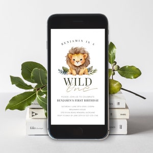 E-invitation modifiable d'anniversaire sauvage, invitation Lion pour téléphone, invitation numérique, anniversaire de garçon, modèle Evite, téléchargement immédiat, #H026