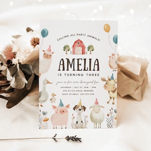 May include: A party invitation with a barnyard theme. The invitation features illustrations of farm animals, balloons, and a red barn. The text reads "Amelia is turning three" and includes party details.