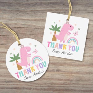 Pink Dinosaur Birthday Favor Tags, Cute T-Rex Gift Tags, Girl Dino Birthday, 2x2, Instant Download, Editable/Printable template, #H068