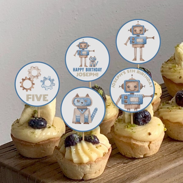 Editable Robot Cupcake Toppers, Robot Favor Tags, Robot Birthday Stickers, Kids Birthday Decor, Instant Download, Printable template, #H010