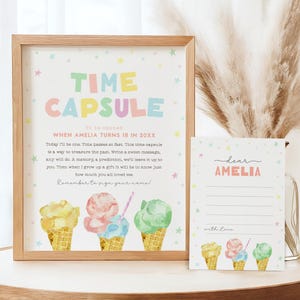 Letrero de cápsula del tiempo de cumpleaños con helado, tarjeta con mensaje a juego, actividad de cumpleaños de verano, descarga instantánea, plantilla editable/imprimible, n.° H055