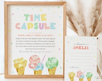May include: A printable time capsule for a child's 18th birthday. The image shows a framed sign with the text "Time Capsule" and instructions to be opened when Amelia turns 18 in 20XX. The sign is decorated with ice cream cones and stars. A separate card is also shown with the text "Dear Amelia" and space for a message.
