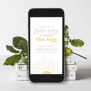 Invitación electrónica de cumpleaños Boho Sunshine: Primera vuelta al sol (Plantilla editable, descarga instantánea) #H033
