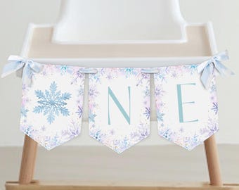Banner de trona para cumpleaños de Winter ONEderland, primer cumpleaños de niña, descarga instantánea, plantilla editable/imprimible, n.° H069