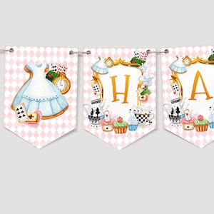Banner editable de feliz cumpleaños de Alicia en el país de las maravillas, pancarta del empavesado de la fiesta del té, cumpleaños de la niña, descarga instantánea, plantilla imprimible, #H029