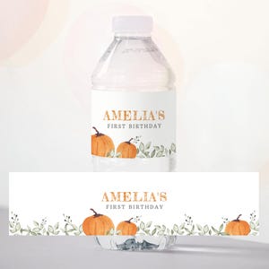 Our Little Pumpkin Birthday Water Bottle Labels, Minimalist Fall Party Bottle Wraps, Instant Download, Editable/Printable template, #H007