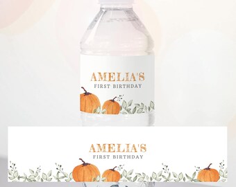 Our Little Pumpkin Birthday Water Bottle Labels, Minimalist Fall Party Bottle Wraps, Instant Download, Editable/Printable template, #H007