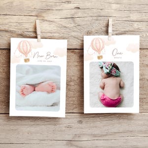 Photos d'étape importante en montgolfière rose, Photos du premier anniversaire du mois, anniversaire de fille, téléchargement immédiat, modèle modifiable/imprimable, # H001