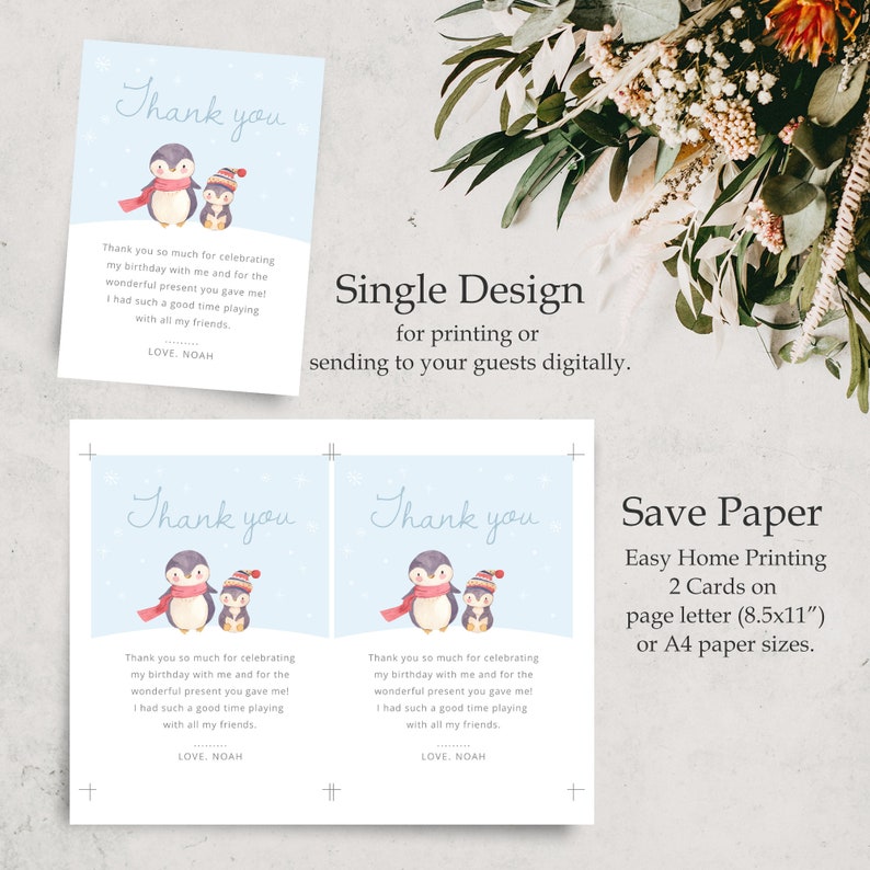 Editable Penguin Birthday Thank You Card Christmas Party Etsy