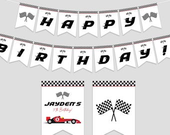 Race Car Happy Birthday Banner, Racing Car Party bunting banner, Boy Birthday Decor, Instant Download, Editable/Printable template, #H044