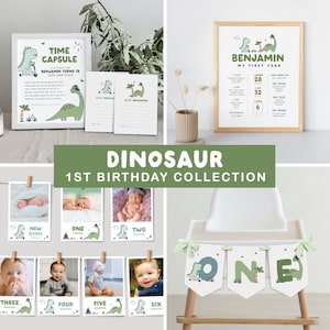 Pacote editável de primeiro aniversário de dinossauro, coleção de festa de dinossauro, decorações de aniversário de dinossauro, download instantâneo, modelo para impressão, #H024