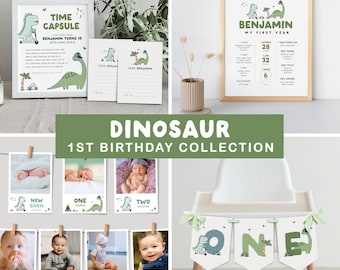 Editable Dinosaur 1st Birthday Bundle, Dinosaur Party Collection, Dinosaur Birthday Decorations, Instant Download, Printable template, #H024