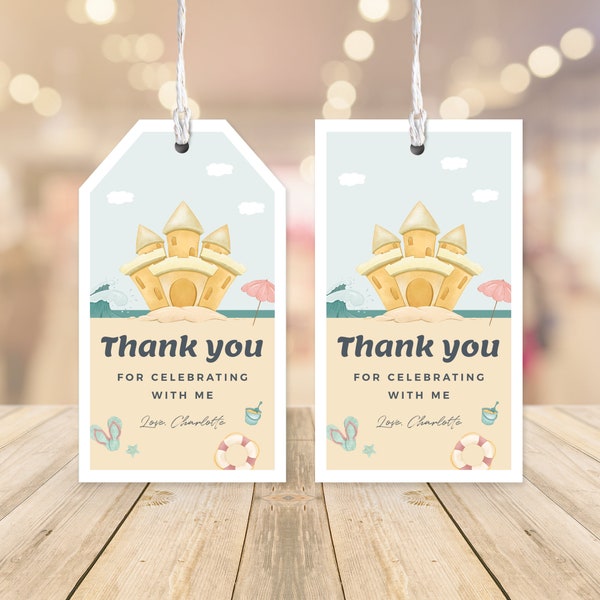 Editable Beach Birthday Favor Tags, Beach Party Thank You Notes, Sand Castle Gift Tags, 2x3.5, Instant Download, Printable template, #H019