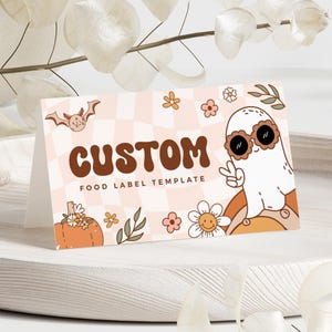 Étiquette de nourriture d'anniversaire Halloween rétro, marque de place de fête fantasmagorique, décoration d'anniversaire de fille, téléchargement immédiat, modèle imprimable/modifiable, #H064