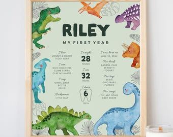 May include: A green and white printable poster with a dinosaur theme. The poster is decorated with watercolor illustrations of dinosaurs and tropical leaves. The poster includes the name Riley and details about the child's first year, including weight, height, and favorite foods.