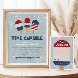 Letrero con forma de cápsula del tiempo para el primer cumpleaños, con mensaje a juego, para cumpleaños de verano, descarga instantánea, plantilla editable/imprimible, n.° H056