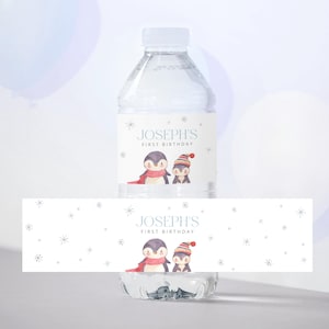 Editable Penguin Birthday Water Bottle Label, Christmas Party Bottle label, Winter Birthday Boy, Instant Download, Printable Label, #H008