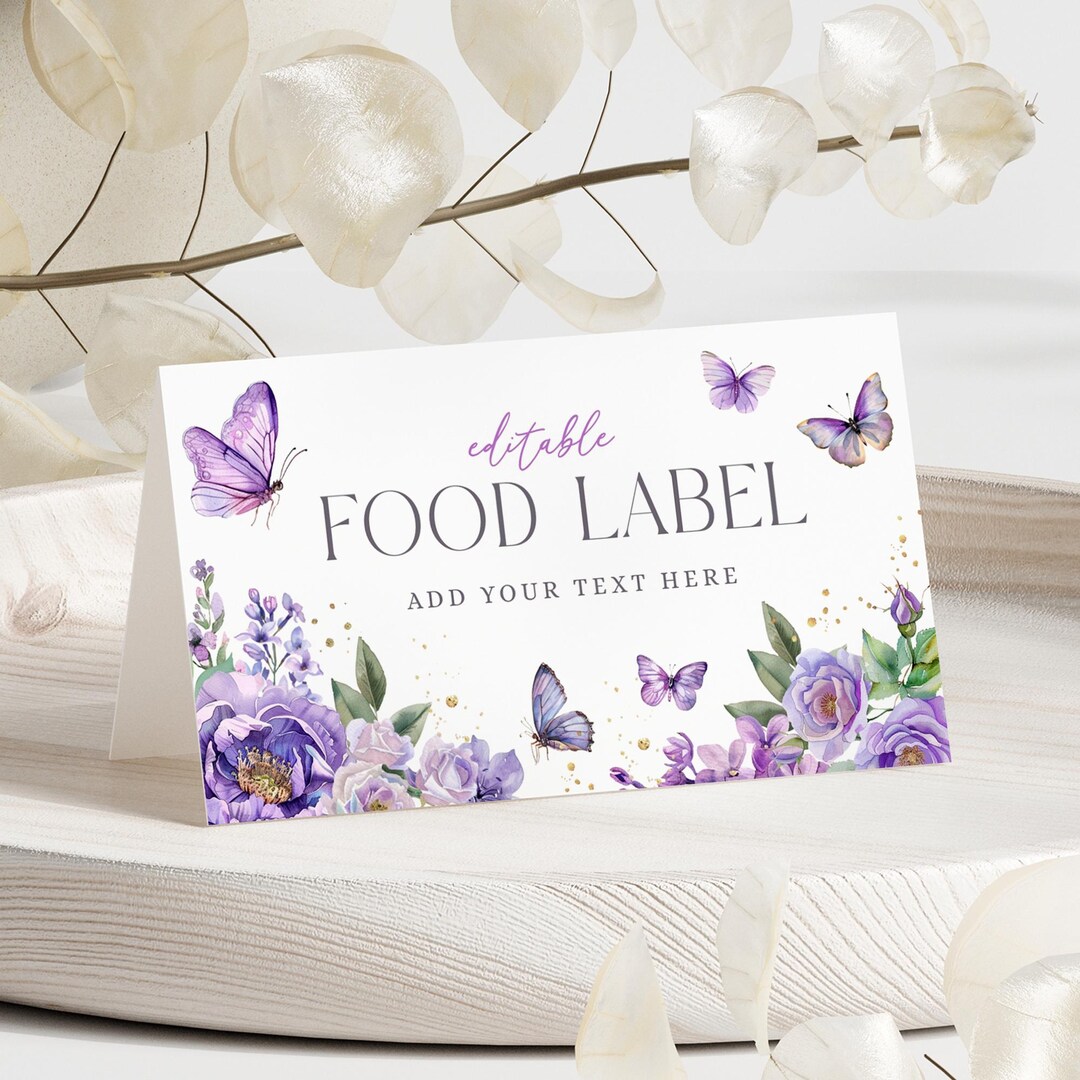 Purple Butterfly Baby Shower Food Label : Floral Garden Party (instant ...