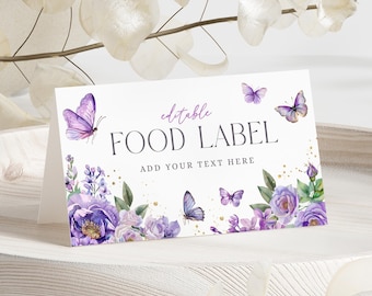 Etiqueta para comida de baby shower con mariposa morada: Fiesta floral en el jardín (Descarga instantánea, plantilla editable/imprimible) #S049