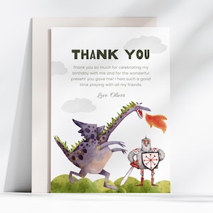 Drachen-Geburtstags-Dankeschön-Karte, Drachen- und Ritter-Party-Dankeskarte, Jungen-Geburtstag, bearbeitbare / druckbare Vorlage, Sofort-Download, #H031