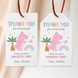 Pink Dinosaur Birthday Favor Tags, Cute T-Rex Gift Tags, Girl Dino Birthday, 2x3.5, Instant Download, Editable/Printable template, #H068
