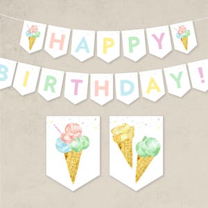 Ice Cream Happy Birthday Banner, Pastel Ice Cream Party bunting banner, Girl Birthday, Instant Download, Editable/Printable template, #H055