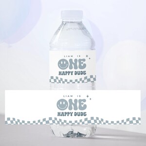One Happy Dude Birthday Water Bottle Label, Retro Smile Face Bottle Wrap, Boy Birthday, Instant Download, Editable/Printable Template, #H061