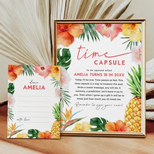 Letrero de cápsula del tiempo para fiesta de cumpleaños tropical de verano, tarjeta con mensaje a juego, cumpleaños luau, descarga instantánea, plantilla editable/imprimible, n.° H058