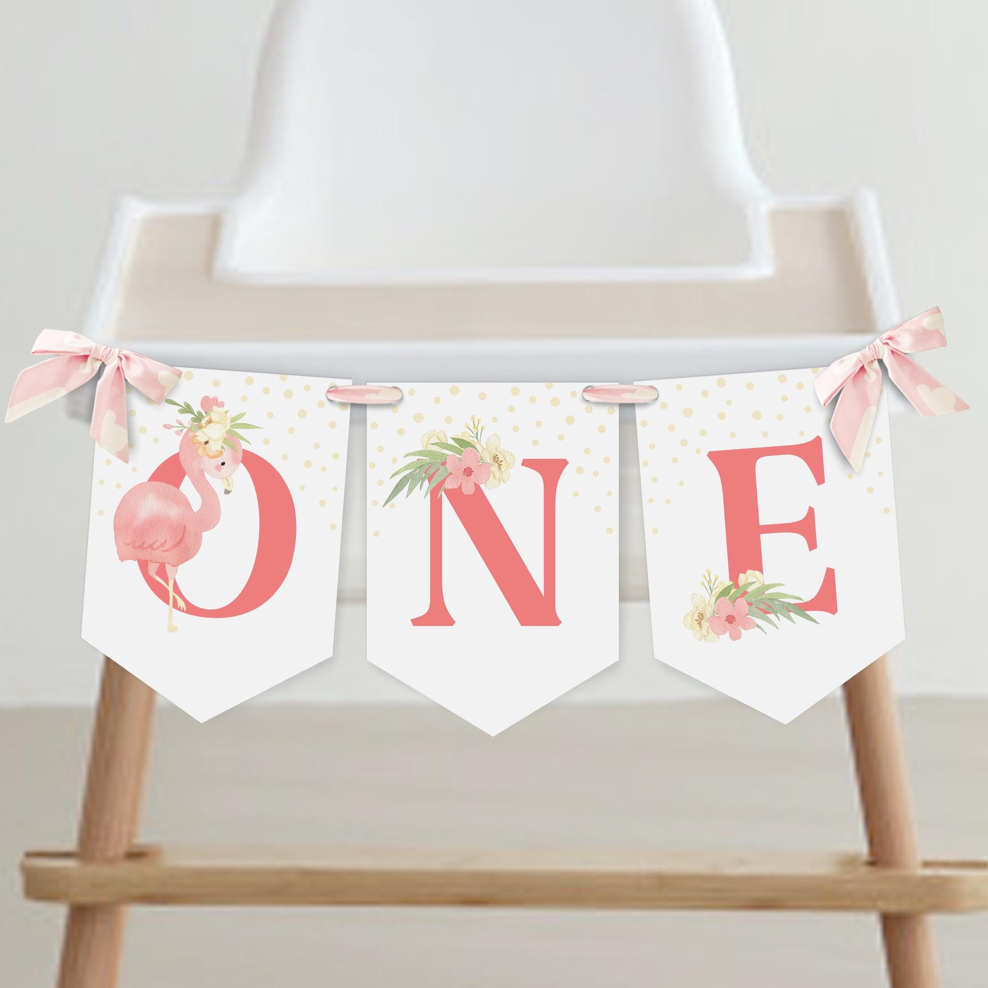 Flamingo Birthday ONE High Chair Banners, Summer Birthday Bunting Banners, Girl 1st Birthday, Instant Download, Editable/Printable template