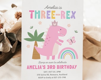 Pink Dinosaur 3rd Birthday Invitation, Cute Three Rex Invite, Girl Dino Party Invite, Instant Download, Editable/Printable template, #H068
