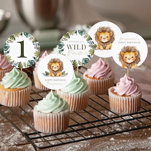Editable Lion Birthday Cupcake Toppers, Wild One, Birthday Stickers, Birthday Decorations, Instant Download, Printable template, #H026
