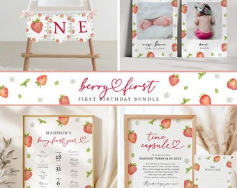 Strawberry 1st Birthday Bundle : Berry First (Editable/Printable template, Instant Download) #H073