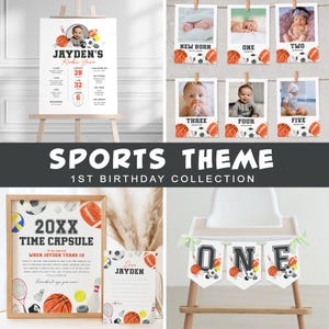 Pacote de 1º aniversário esportivo, coleção de festa All Star, decorações de primeiro aniversário de menino, download instantâneo, modelo editável/imprimível, #H050
