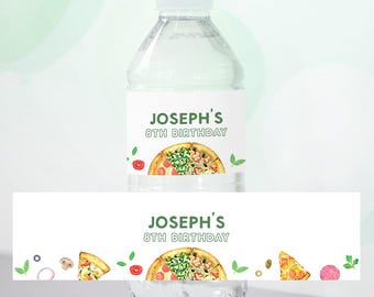 May include: Clear plastic water bottle with a white label featuring the text "JOSEPH'S 8TH BIRTHDAY" in green. The label includes a watercolor illustration of a pizza. Additional pizza slice illustrations are on a separate label.