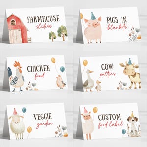 Etiquetas de comida para cumpleaños de granja, tarjetas de lugar plegadas para fiesta en el corral, etiquetas lindas de animales de granja, descarga instantánea, plantilla imprimible/editable, n.° H053