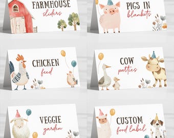 Etiketten zum Geburtstag auf dem Bauernhof, Etiketten für Barnyard-Partys, gefaltete Tischkarten, niedliche Etiketten auf dem Bauernhof, sofortiger Download, druckbare / bearbeitbare Vorlage, #H053