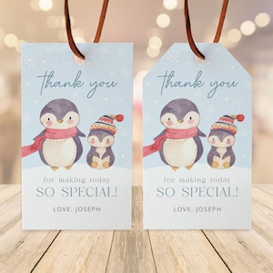 Etiquetas de regalo de cumpleaños con forma de pingüino, notas de agradecimiento para fiestas navideñas, etiquetas de regalo de invierno, 2 x 3,5, descarga instantánea, plantilla editable/imprimible, n.° H008