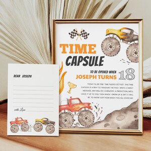Bearbeitbares Monstertruck Time Capsule Zeichen, passende Nachrichtenkarten, Junge 1. Geburtstag Dekoration, Sofort Download, druckbare Vorlage, #H003