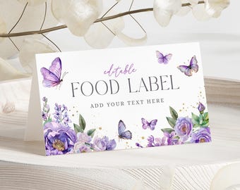 Purple Butterfly Birthday Food Labels : Floral Garden Party (Instant Download, Printable/Editable template) #H049