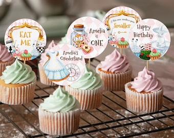 Editable Alice in Wonderland Birthday Cupcake Toppers, Alice Birthday Stickers, Girl Birthday, Instant Download, Printable template, #H029