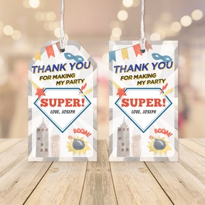 Editable Superhero Birthday Favor Tags, Superhero Party Thank You Notes, Gift Tags, 2x3.5, Instant Download, Printable template, #H012