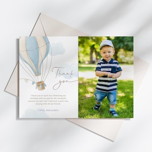 Heißluftballon-Foto-Dankeschön-Karte, auf und davon Dankeschön Hinweis, Jungen-Geburtstagskarte, sofortiger Download, bearbeitbare / druckbare Vorlage, #H001
