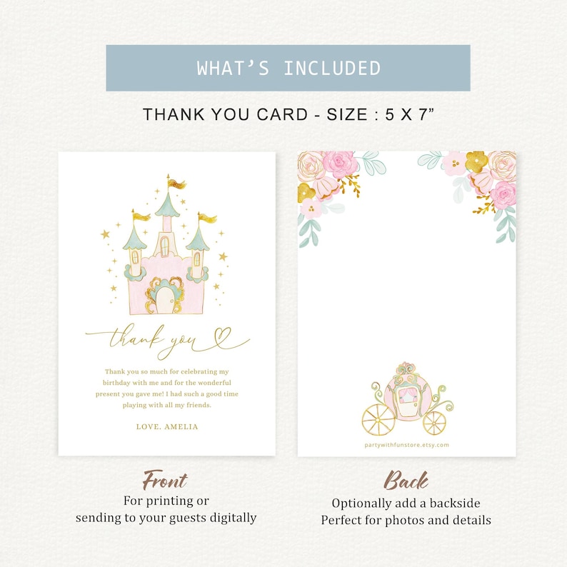 Princess Birthday Thank You Card, Magical Birthday Thank You Note, Girl