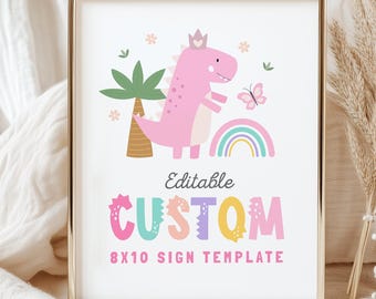 Editable Girl Dinosaur Birthday Custom Sign, Pink Dino Party Table Sign, Cute T-Rex Party Sign, Instant Download, Printable template, #H068