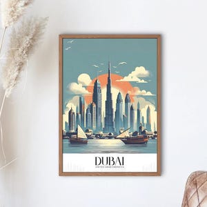 Dubai Skyline Wall Art – Burj Khalifa Cityscape Print – UAE Travel Poster – Middle Eastern Home Decor – Modern Dubai Illustration