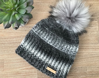 Adult crocheted faux fur Pom Pom beanie