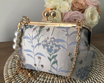 Elegant Glamorous Event Clutch  Purse/Bag Grey Blue  Gold Brocade,Gold Frame and chain, Pearl Handle Option,New Style Updated Pattern.