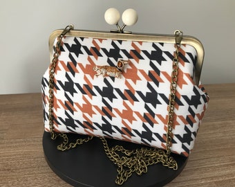 Modern, Trendy Tan/Black/White Houndstooth Cotton Clutch/Bag,Brass Frame with White Clasp and Chain Strap, New Style Updated Pattern.