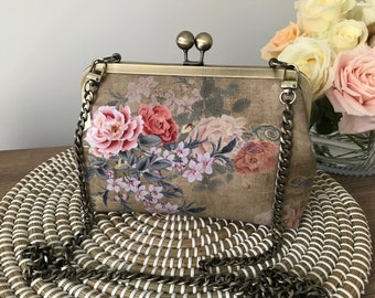 Elegant Clutch Purse/Bag in a Gorgeous Ramie cotton Earthy tones with Rust Roses.Hand Beaded. Brass Frame Strap,New style Updated Pattern.